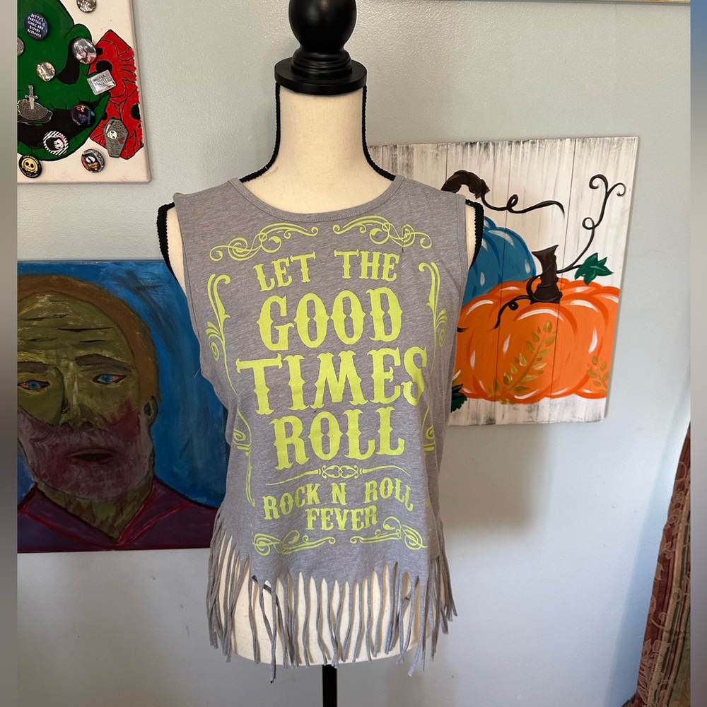 OP Women’s Tank Top Medium 7/9 Let The Good Times Roll Fever Fringe Hem